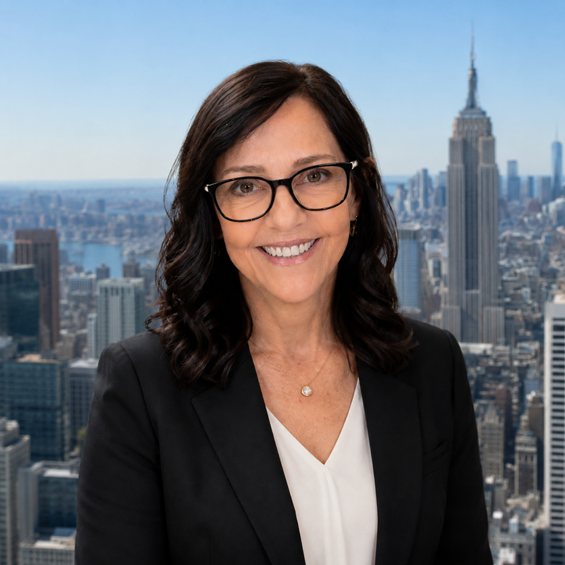 Francina Cantatore, Ph.D., Esq., founder and lead attorney, standing before the Manhattan skyline in a black blazer