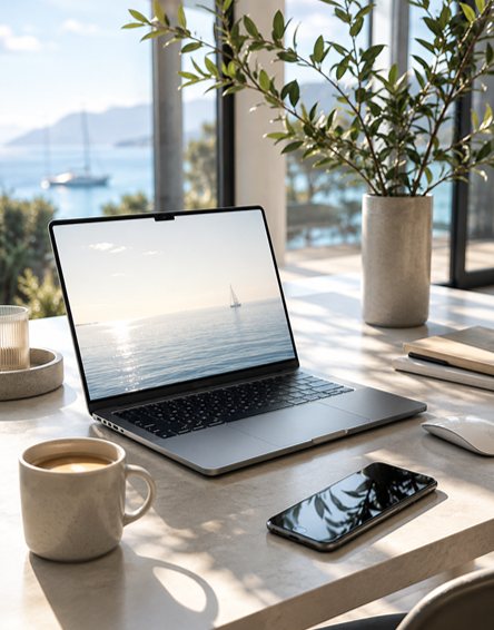 A clean modern workspace with a laptop, coffee, and a plant in soft harbor light