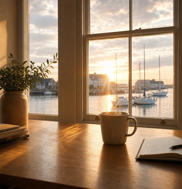 Warm light over a marina seen through a window, with coffee and a notebook
