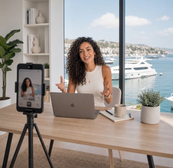 A creator recording content at a bright window with a phone on a tripod and a laptop