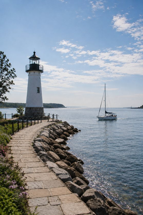 A lighthouse on a stone jetty with a sailboat passing under a blue sky