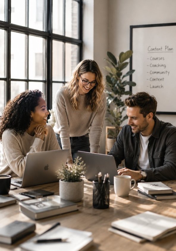 A diverse team of three collaborating around laptops