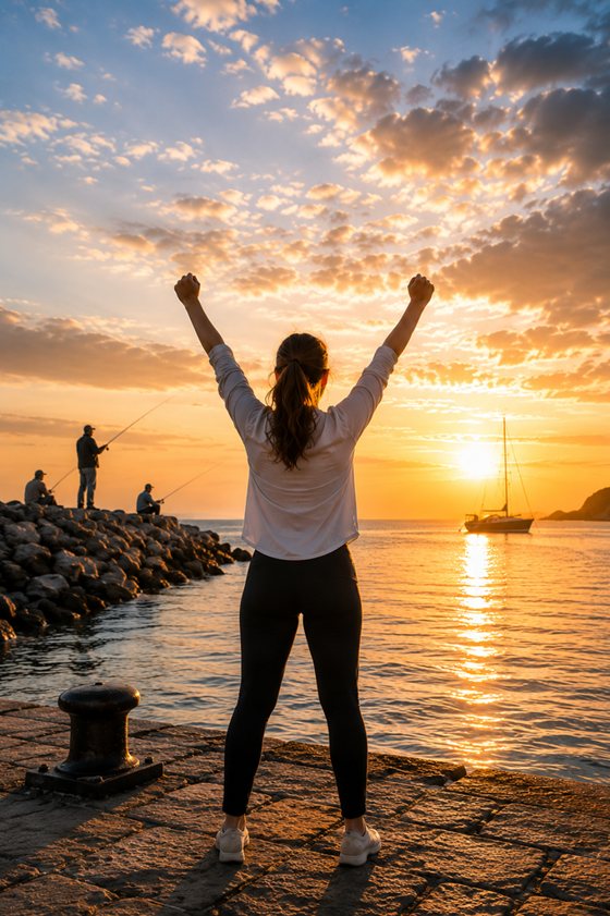 A person standing by the water at sunset with arms raised in confidence, boats behind